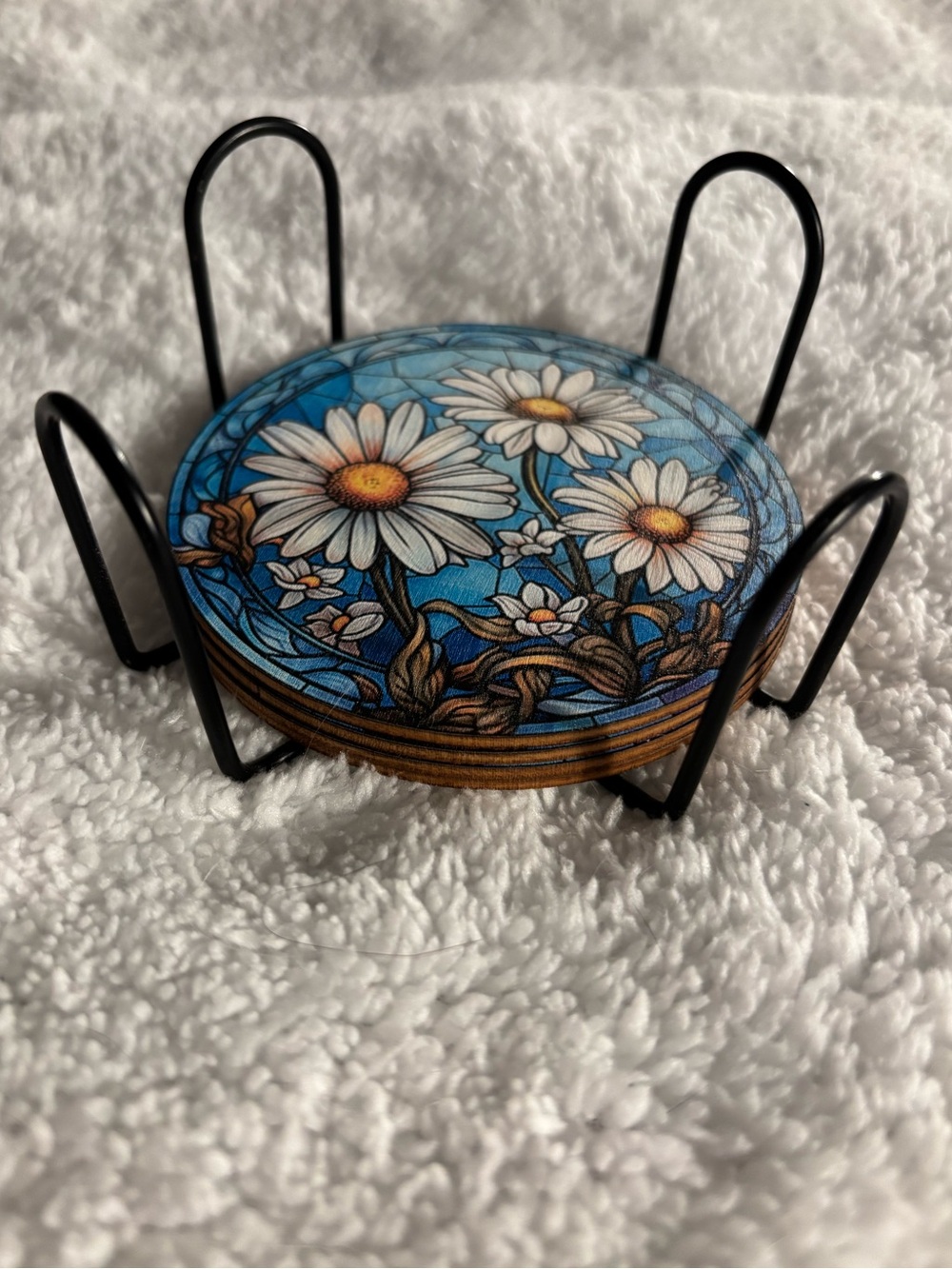 Daisy Floral Ceramic Coaster Set with Holder - Blue & White